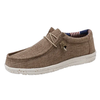 Brown canvas casual shoes with white sole, laces, and American flag design