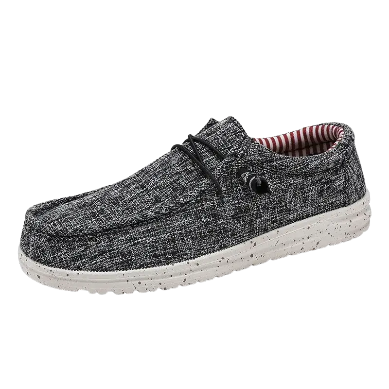 Gray speckled moccasin casual shoes with white sole and red lining