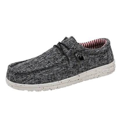Gray speckled moccasin casual shoes with white sole and red lining