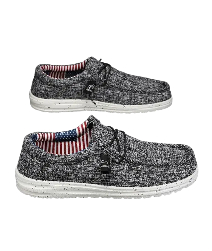 Charcoal gray casual shoes with white sole and American flag lining