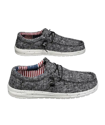Charcoal gray casual shoes with white sole and American flag lining