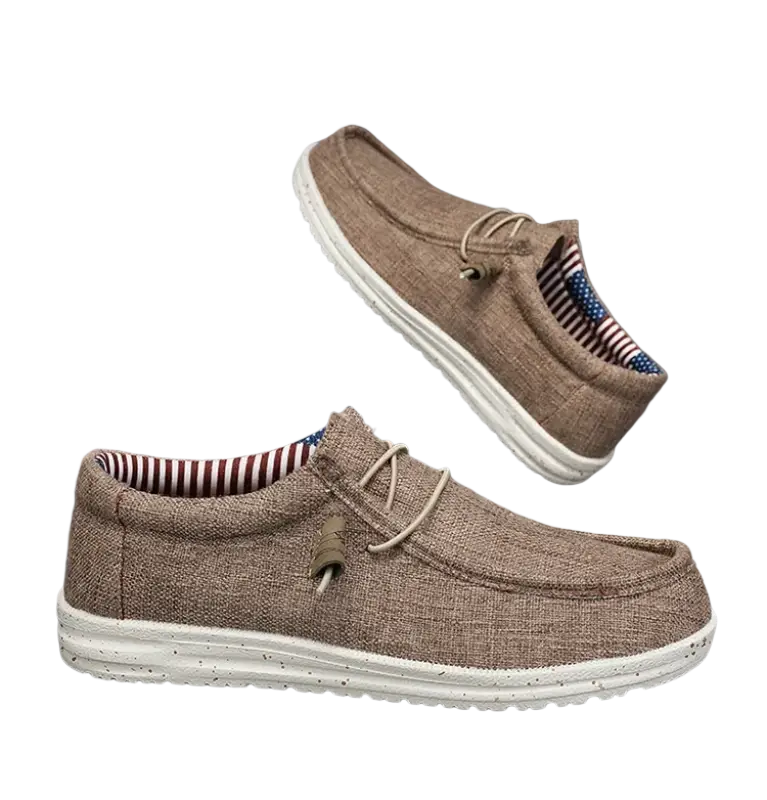 Brown canvas slip-on casual shoes with white soles, laces, and American flag design