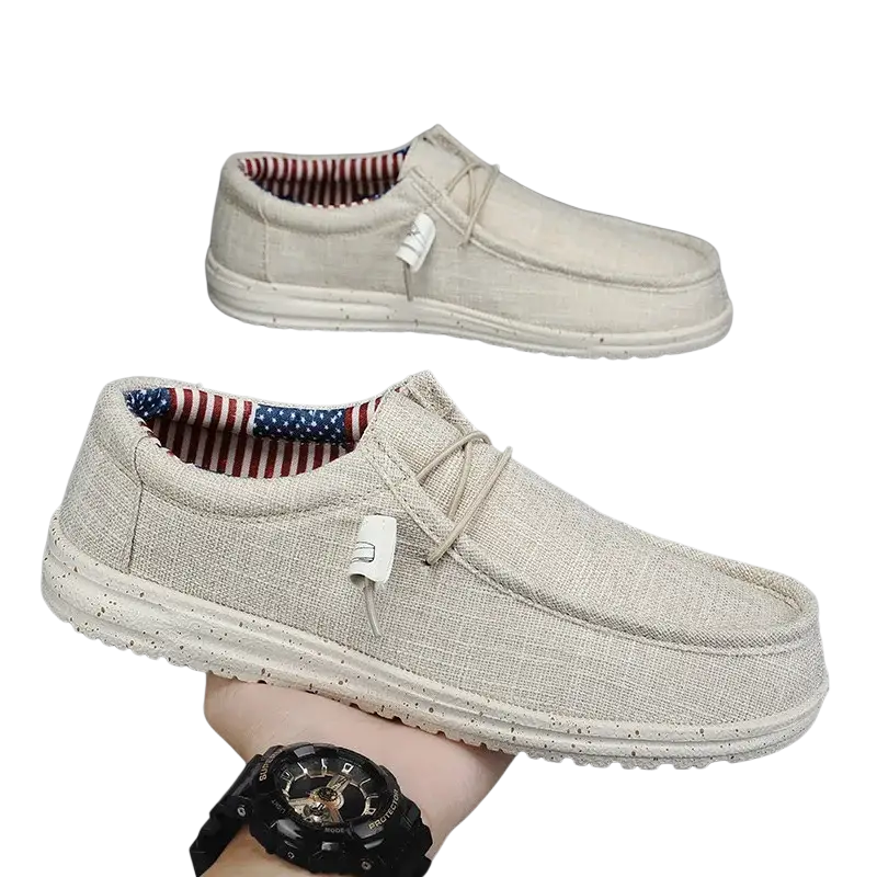 Beige canvas casual shoes with American flag insole