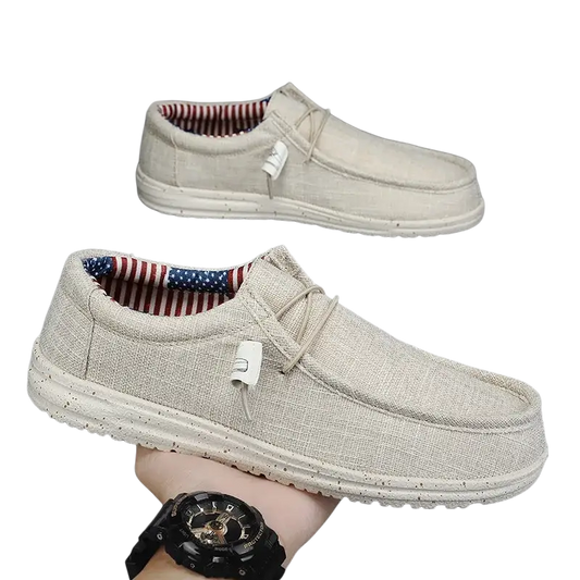 Beige canvas casual shoes with American flag insole