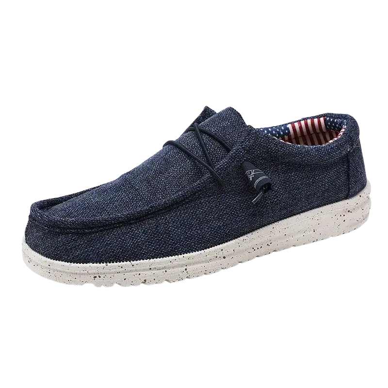Navy blue casual shoes with speckled sole and American flag design