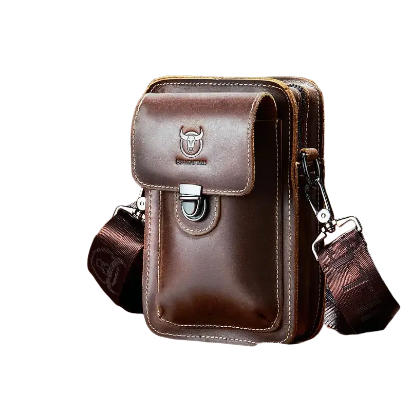 Brown crazy horse leather male waist pack with bull logo and metal clasp