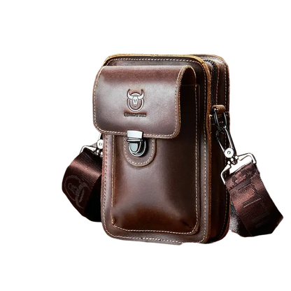 Brown crazy horse leather male waist pack with bull logo and metal clasp