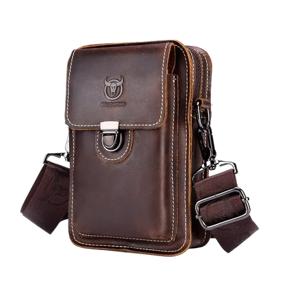 Bull-captain Crazy Horse Leather Male Waist Pack Phone Pouch Bags - Brown
