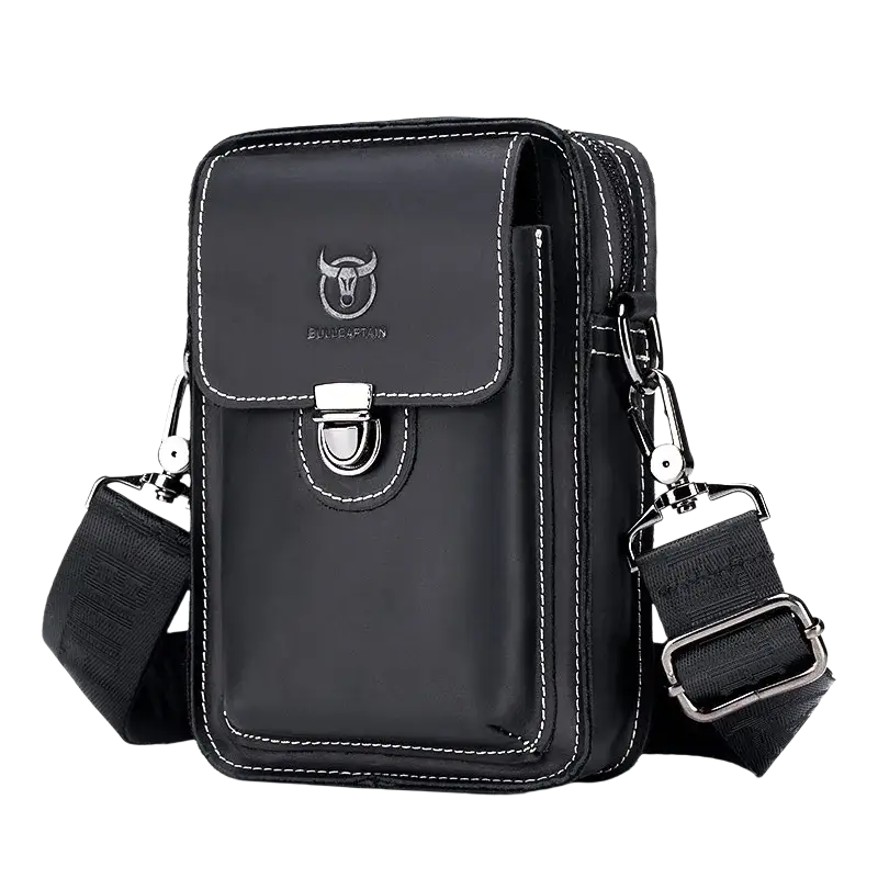 Bull-captain Crazy Horse Leather Male Waist Pack Phone Pouch Bags - Black