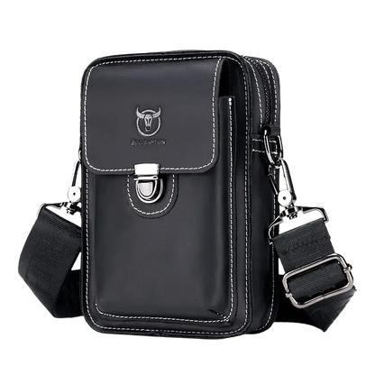 Bull-captain Crazy Horse Leather Male Waist Pack Phone Pouch Bags - Black