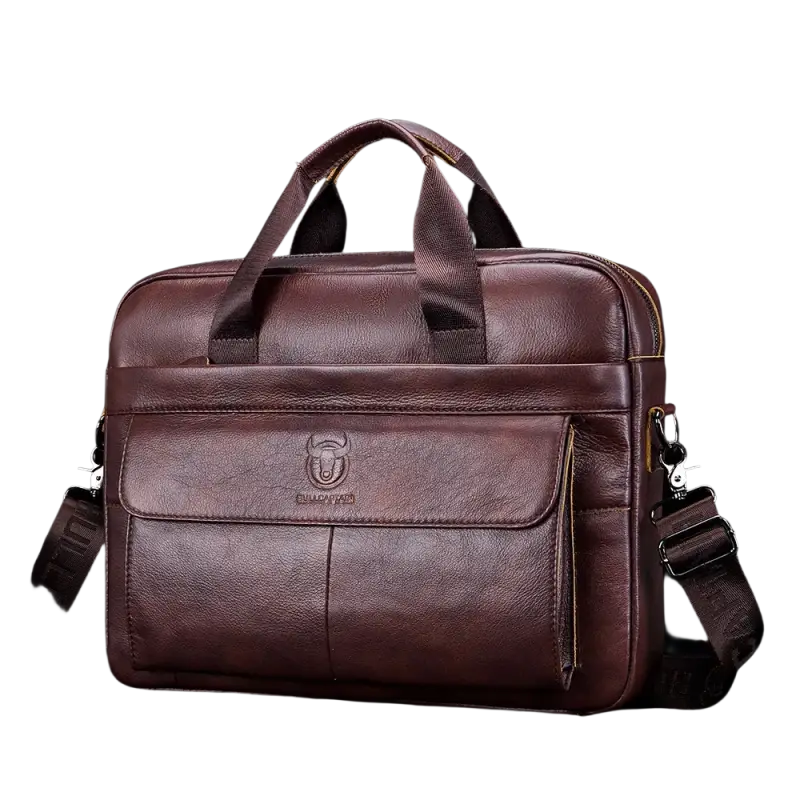 Brown leather briefcase bag for men with compartments and strap
