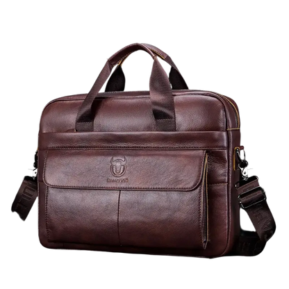 Brown leather briefcase bag for men with compartments and strap