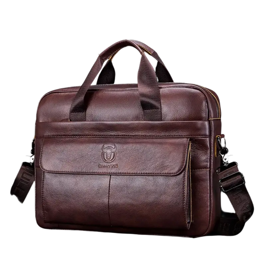Brown leather briefcase bag for men with compartments and strap