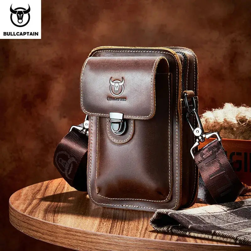 Bull-captain Crazy Horse Leather Male Waist Pack Phone Pouch Bags