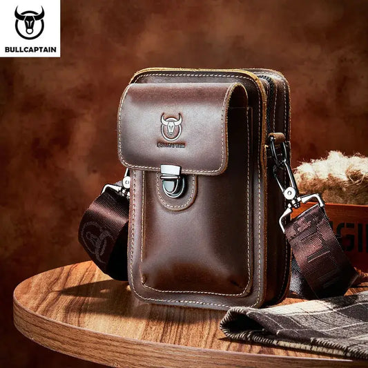 Bull-captain Crazy Horse Leather Male Waist Pack Phone Pouch Bags