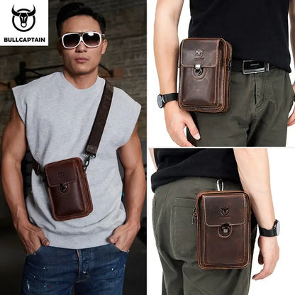 Bull-captain Crazy Horse Leather Male Waist Pack Phone Pouch Bags