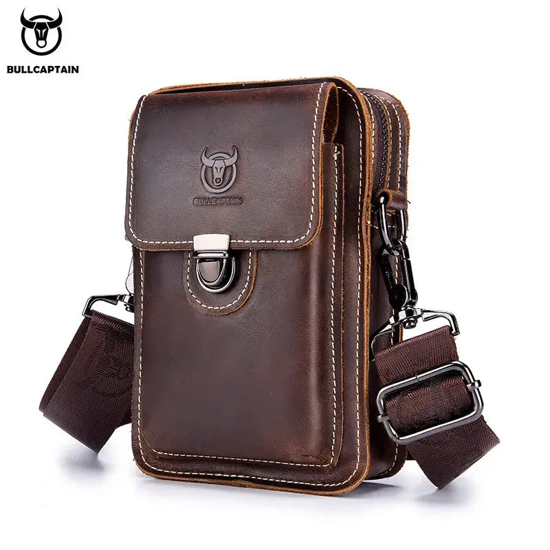 Bull-captain Crazy Horse Leather Male Waist Pack Phone Pouch Bags - Brown