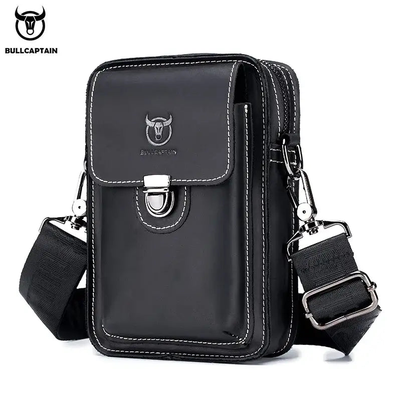 Bull-captain Crazy Horse Leather Male Waist Pack Phone Pouch Bags - Black