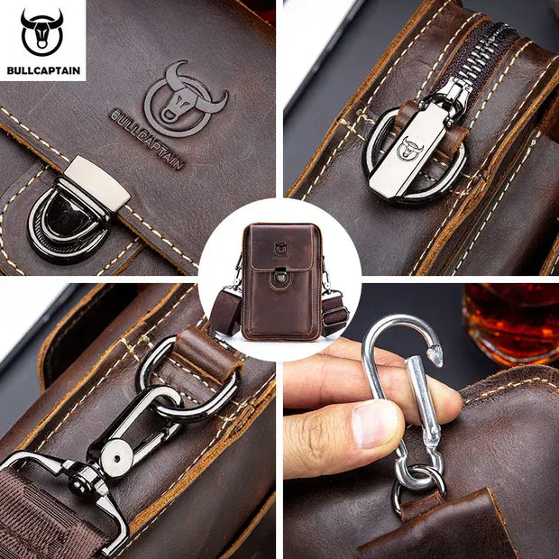 Bull-captain Crazy Horse Leather Male Waist Pack Phone Pouch Bags