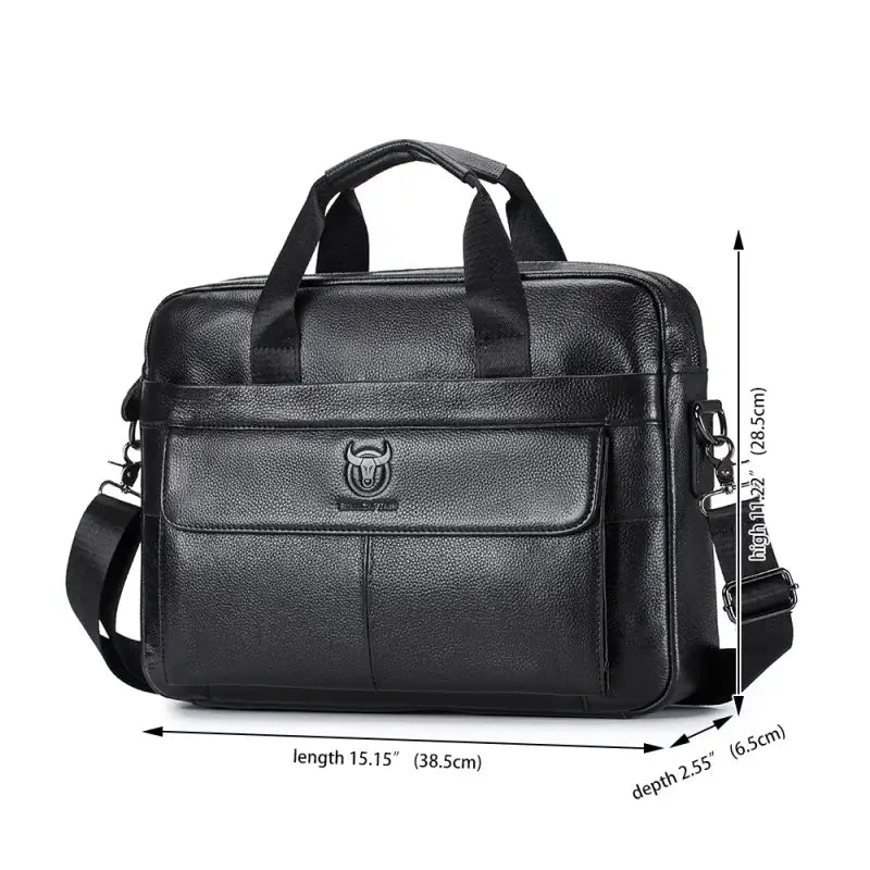 Bull-captain Men Genuine Leather Briefcase Bag for Laptop 14 Messenger - black