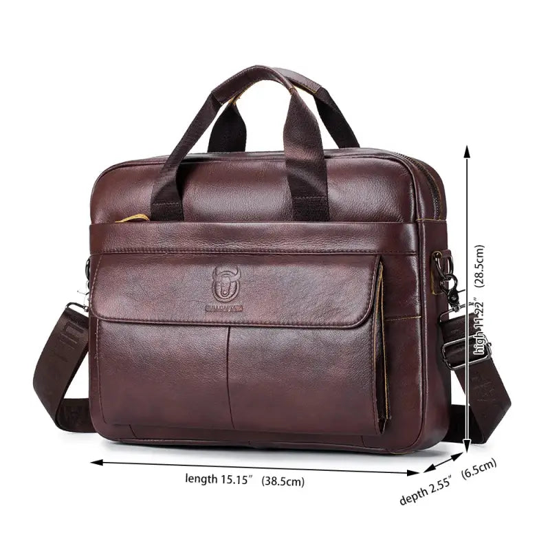 Bull-captain Men Genuine Leather Briefcase Bag for Laptop 14 Messenger - coffee