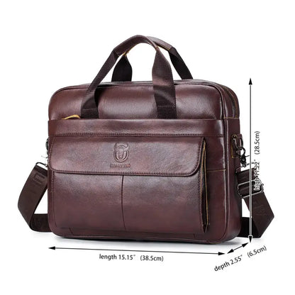 Bull-captain Men Genuine Leather Briefcase Bag for Laptop 14 Messenger - coffee