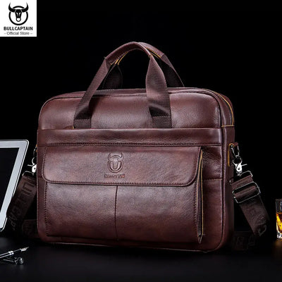 Bull-captain Men Genuine Leather Briefcase Bag for Laptop 14 Messenger