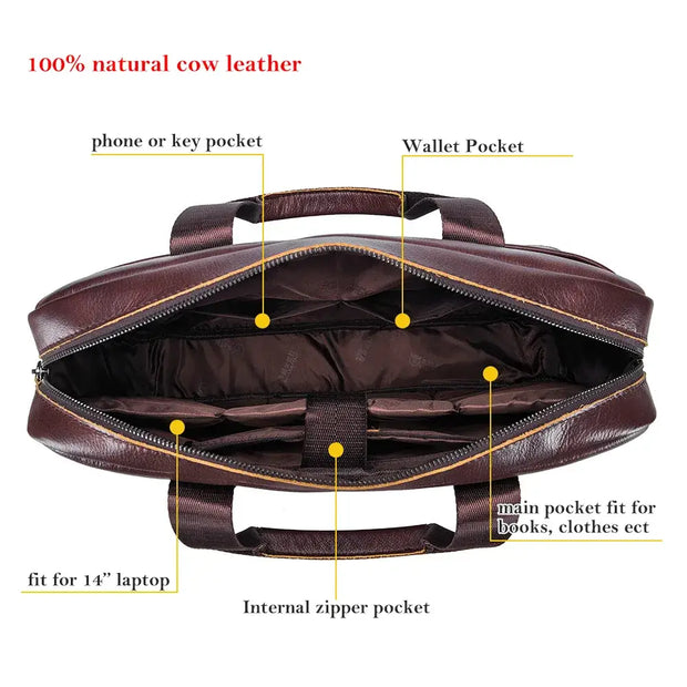 Bull-captain Men Genuine Leather Briefcase Bag for Laptop 14 Messenger