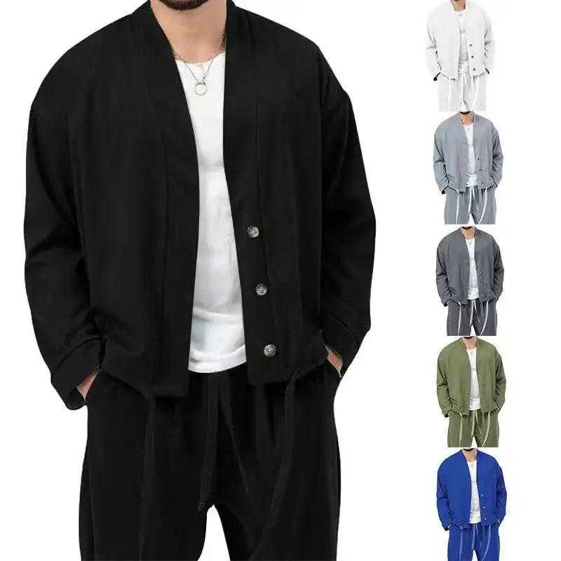 2023 Spring and Autumn Casual Coat Long Sleeve Men's Fashion Retro Two Piece Set Loose Breathable Pants Fitness Sports menswear - laurichshop