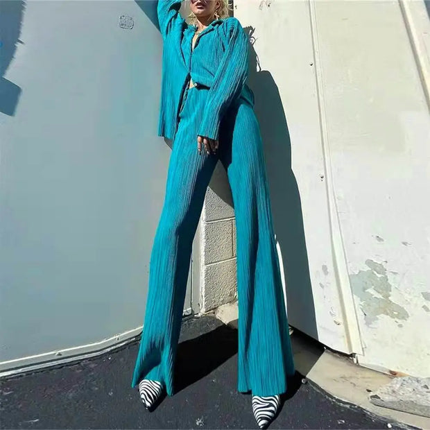 CM.YAYA Pleated Solid Women Set Long Sleeve Shirts and Straight Wide Leg Pants - laurichshop