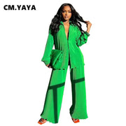 CM.YAYA Pleated Solid Women Set Long Sleeve Shirts and Straight Wide Leg Pants - laurichshop