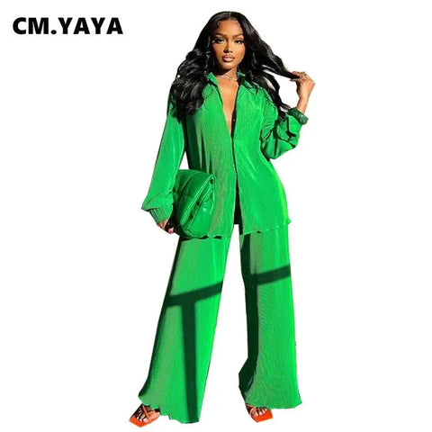 CM.YAYA Pleated Solid Women Set Long Sleeve Shirts and Straight Wide Leg Pants - laurichshop