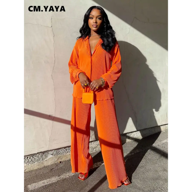 CM.YAYA Pleated Solid Women Set Long Sleeve Shirts and Straight Wide Leg Pants - laurichshop