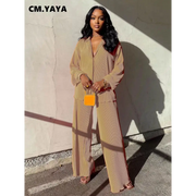 CM.YAYA Pleated Solid Women Set Long Sleeve Shirts and Straight Wide Leg Pants - laurichshop