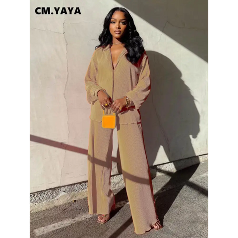 CM.YAYA Pleated Solid Women Set Long Sleeve Shirts and Straight Wide Leg Pants - laurichshop