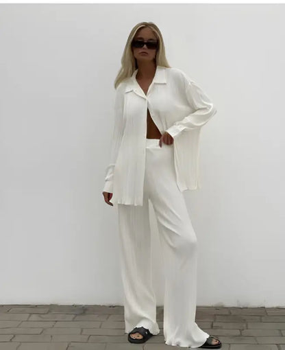 CM.YAYA Pleated Solid Women Set Long Sleeve Shirts and Straight Wide Leg Pants - laurichshop