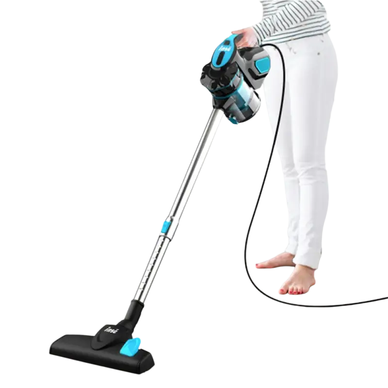 Blue and black cordless vacuum with dust box and suction nozzle