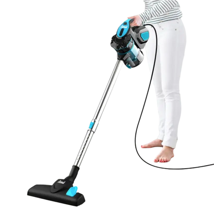 Blue and black cordless vacuum with dust box and suction nozzle