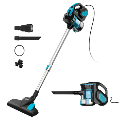 Blue and black corded stick vacuum with dust box, suction nozzle, and attachments