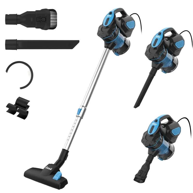Blue and black corded vacuum with dust box, suction nozzle, telescoping handle