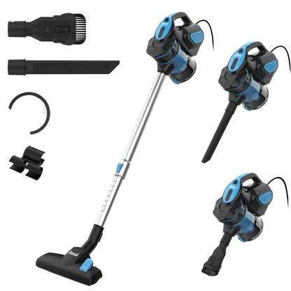 Blue and black corded vacuum with dust box, suction nozzle, telescoping handle