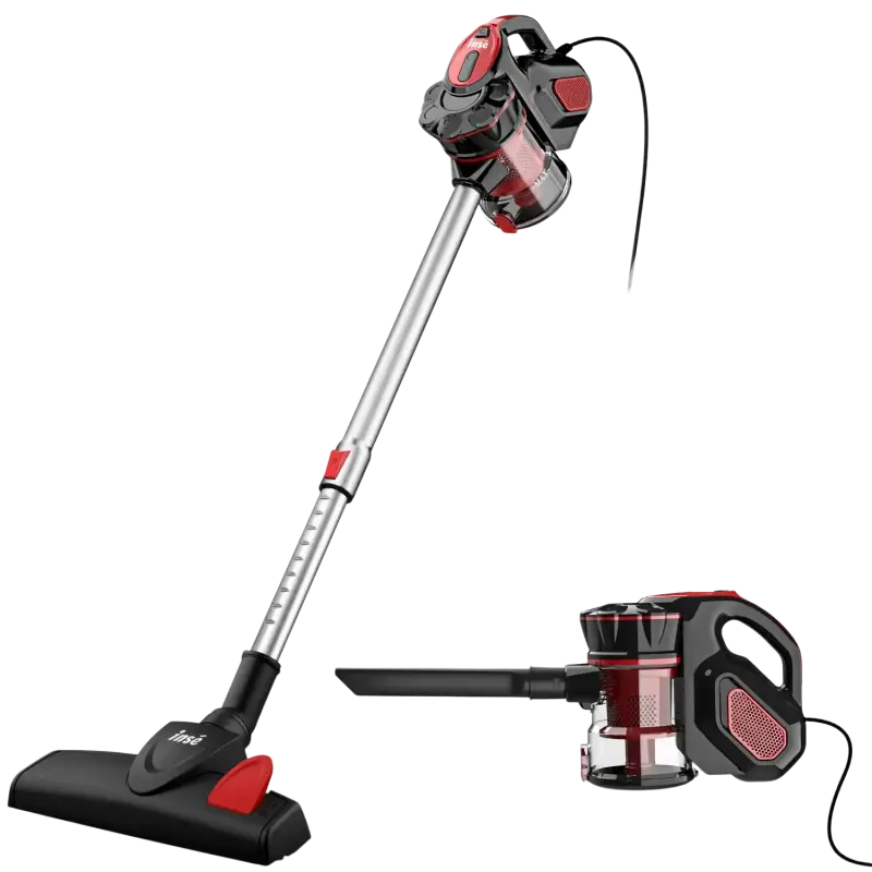 Red and black corded vacuum with dust box, suction nozzle, and telescoping handle