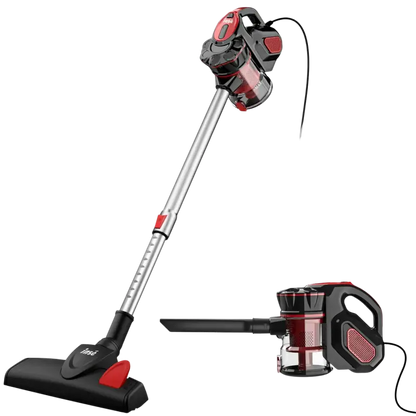 Red and black corded vacuum with dust box, suction nozzle, and telescoping handle