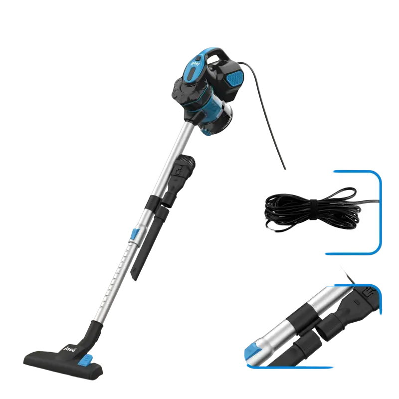 Blue and black cordless vacuum with dust box, suction nozzle, telescopic handle