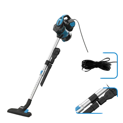 Blue and black cordless vacuum with dust box, suction nozzle, telescopic handle