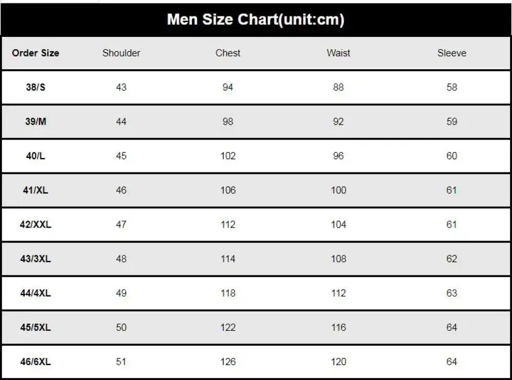 Men’s size chart in cm for blue and white striped casual shirts