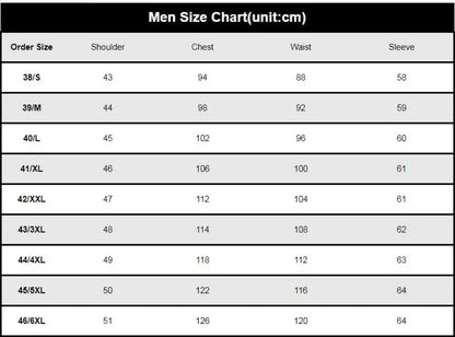 Men’s size chart in cm for blue and white striped casual shirts