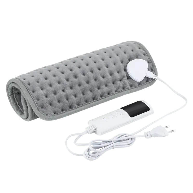 Dark grey electric heating blanket with plush fabric and temperature control settings