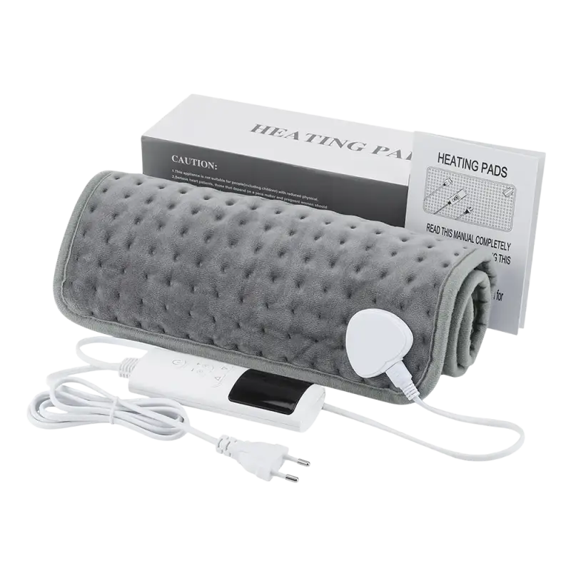 Dark grey electric heating blanket with textured surface and controller cord