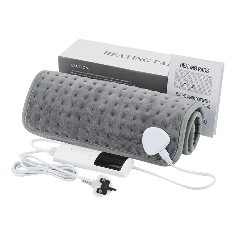 Electric heating blanket with gray textured cover and control unit for sofa bed use